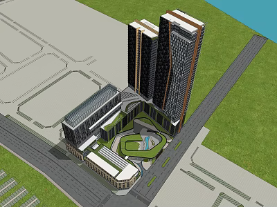 Modern Office Building Complex With Twin Towers Low Rise Structures And Green Courtyard 3d model