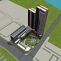 Modern Office Building Complex With Twin Towers Low Rise Structures And Green Courtyard