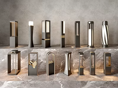 Various Modern Outdoor Lights Displayed On Marble Surface With Unique Designs 3d model