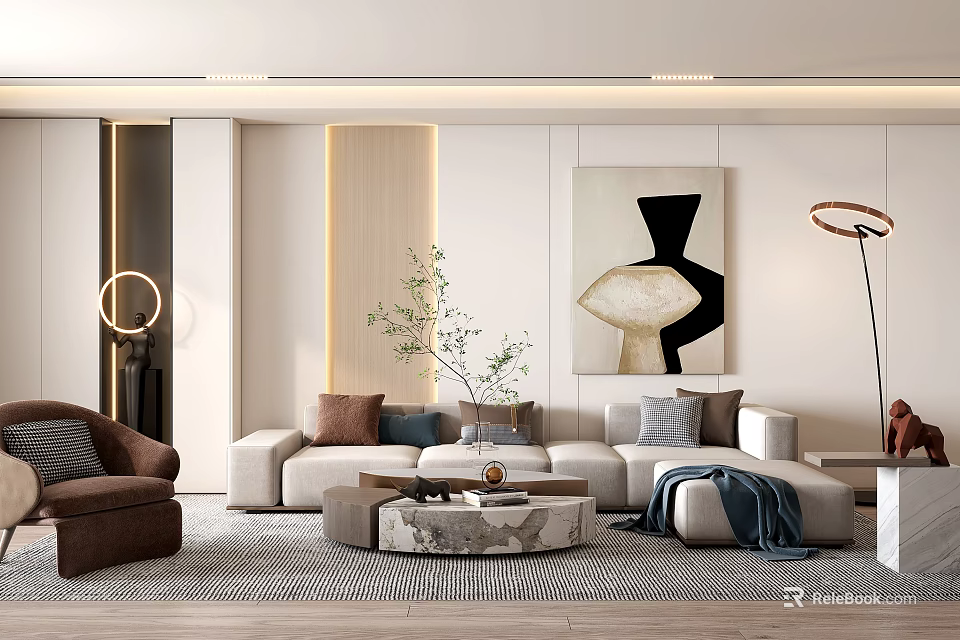 Modern Living Room Sofa and Coffee Table Set With Accent Pillows Artwork and Floor Lamp 3d model 