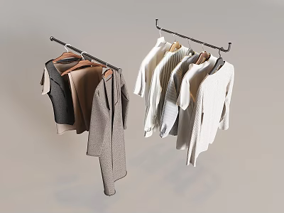 Dark Light Colored and White Striped Casual Clothes Hanging on Metal Racks 3d model