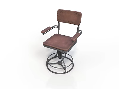 Vintage Brown Leather Chair With Armrests And Swivel Metal Base 3d model