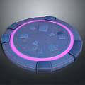 Fantasy Character Standing On Blue Circular Platform With Purple Glowing Ring And Square Nodes