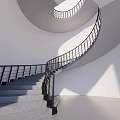 Modern Spiral Staircase With White Structure Black Railings And Natural Light In Minimalist Space