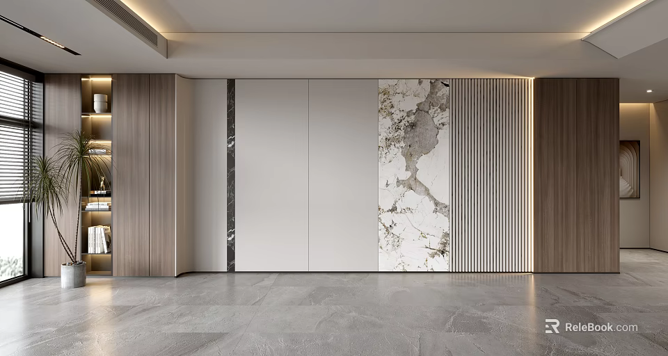 Modern Sofa Backdrop Wall Design With Marble Texture And Wooden Panels 3d model