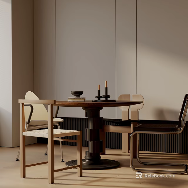 Modern Minimalist Dining Table Set With Round Wooden Table And Stylish Chairs And Gray Walls 3d model 