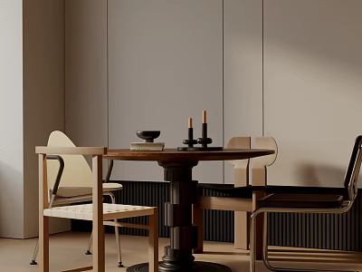 Modern Minimalist Dining Table Set With Round Wooden Table And Stylish Chairs And Gray Walls 3d model
