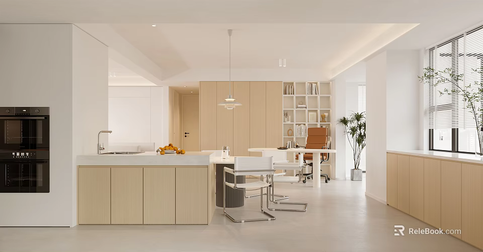 Modern Living Dining Room Interior Design With Open Layout Dining Table Chairs And Cabinets 3d model