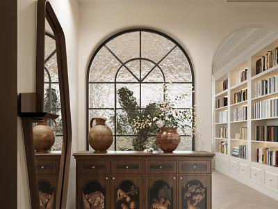 Stylish Entryway Console Cabinet And Side Cabinet With Decorative Vases Arched Glass Window And Mirror 3d model