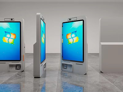 Public Facility Self Service Kiosks With Windows Logo In Indoor Space And Gray Floor 3d model