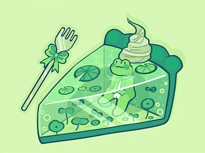 Green Frog in a Dessert Slice with Lily Pads Aquatic Plants and Fork with Bow 3d model