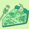 Green Frog in a Dessert Slice with Lily Pads Aquatic Plants and Fork with Bow