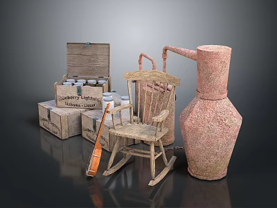 Rustic Scene With Vintage Wooden Crates Rocking Chair And Distillation Still 3d model