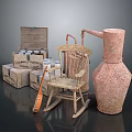 Rustic Scene With Vintage Wooden Crates Rocking Chair And Distillation Still
