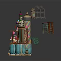 Detailed Building Model Interior With Wooden Counter Chairs Blue Decorations And Flower Stand