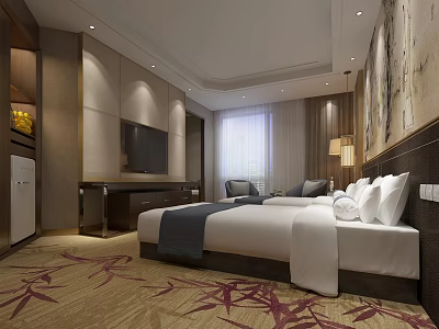 Hotel Room Interior Featuring Spacious Bed Flat Screen TV Large Window And Patterned Carpet 3d model