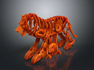 Orange Mechanical Lion Sculpture Crafted From Gear Parts And Skeletal Structure 3d model