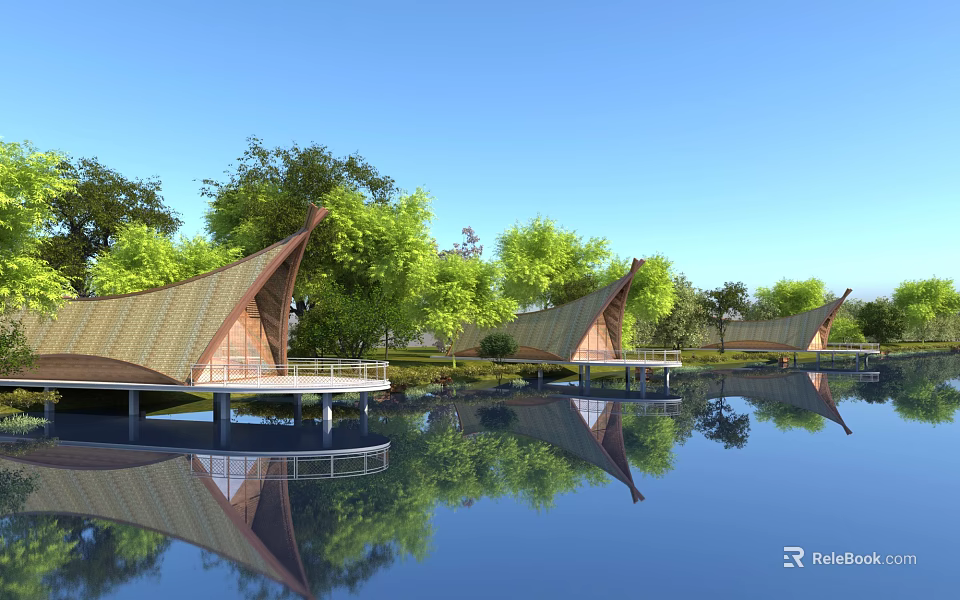 Unique Boutique Guesthouse Architecture With Triangular Roofs Over Water And Tree Reflections 3d model 