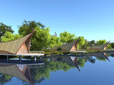 Unique Boutique Guesthouse Architecture With Triangular Roofs Over Water And Tree Reflections 3d model