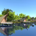Unique Boutique Guesthouse Architecture With Triangular Roofs Over Water And Tree Reflections