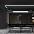 Modern Billiard Room With Multiple Pool Tables Black Walls Blue Ceiling Strips And Decorative Art 3d model