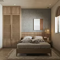 Cozy Hotel Room Interior With Wooden Vanity Mirror TV Arched Door Window and Bed