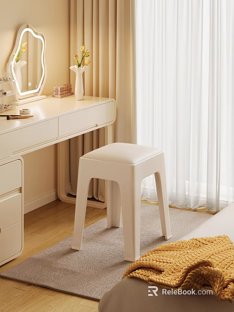 Simple Beige Stool in Bedroom with Dressing Table Mirror and Curtains 3d model 