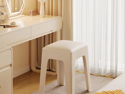 Simple Beige Stool in Bedroom with Dressing Table Mirror and Curtains 3d model