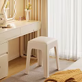 Simple Beige Stool in Bedroom with Dressing Table Mirror and Curtains 3d model