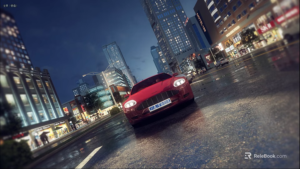 Commercial Street Night View With Red Sports Car Wet Road Surface And Illuminated Urban Shops 3d model 