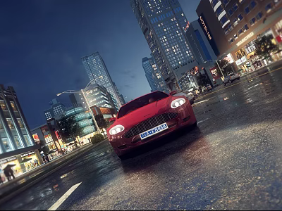 Commercial Street Night View With Red Sports Car Wet Road Surface And Illuminated Urban Shops 3d model