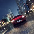 Commercial Street Night View With Red Sports Car Wet Road Surface And Illuminated Urban Shops