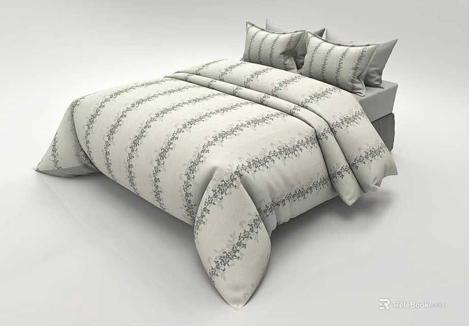 Elegant Double Bed with Soft Striped Floral Duvet and Decorative Pillows 3d model