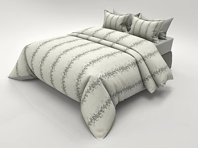 Elegant Double Bed with Soft Striped Floral Duvet and Decorative Pillows 3d model