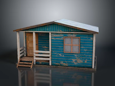 Wooden Cabin With Blue Exterior Peeling Paint White Roof And Wooden Steps 3d model