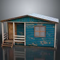 Wooden Cabin With Blue Exterior Peeling Paint White Roof And Wooden Steps