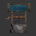 Traditional Well Structure With Blue Tiled Roof Wooden Frame And Stone Base