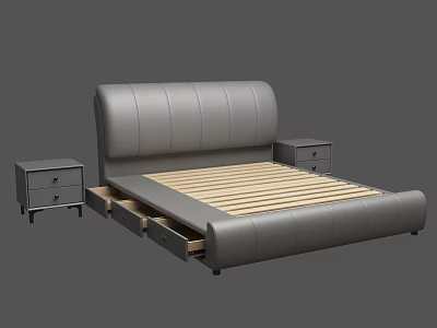 Gray Leather Double Bed With Wooden Slat Base Side Bedside Tables And Storage Drawers 3d model
