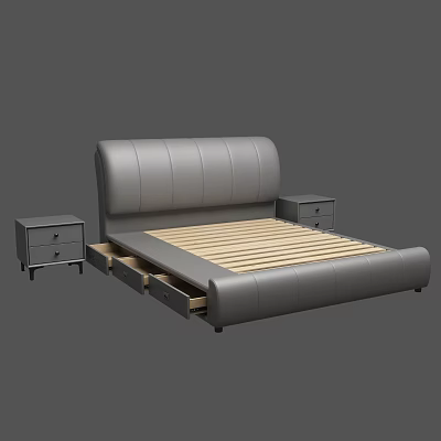 Gray Leather Double Bed With Wooden Slat Base Side Bedside Tables And Storage Drawers 3d model