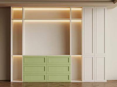 Modern White Bookcase With Green Drawers And Built In Lighting Design 3d model