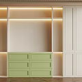 Modern White Bookcase With Green Drawers And Built In Lighting Design