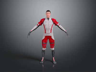 Game Character In Red And White Futuristic Outfit With Black Accents And Silver Details 3d model