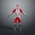 Game Character In Red And White Futuristic Outfit With Black Accents And Silver Details