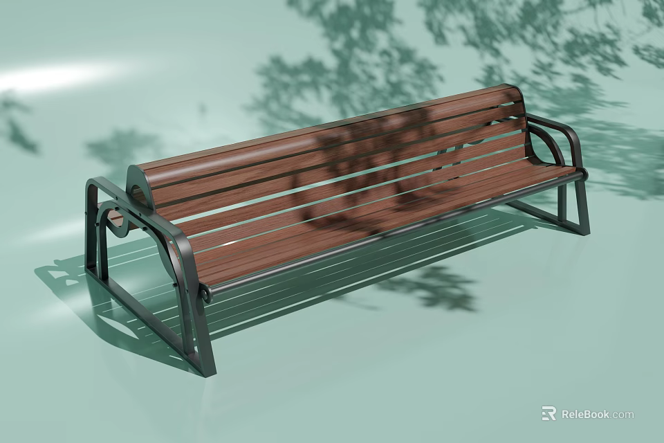 Outdoor Garden Bench With Wooden Slats And Metal Frame In Tree Shade 3d model 