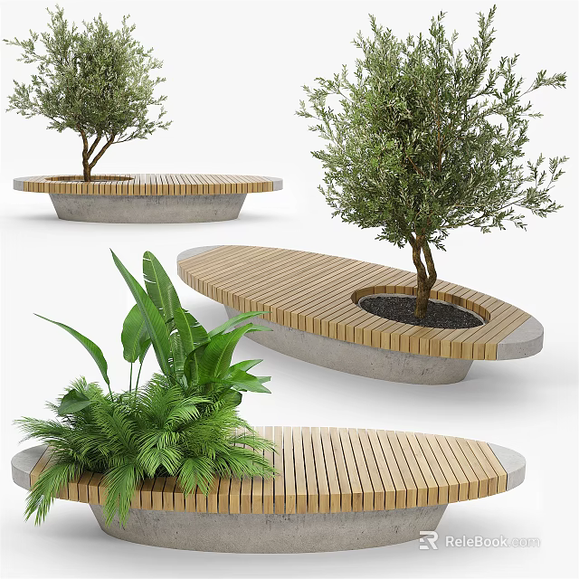 Modern Outdoor Chair with Wooden Slats and Concrete Base Surrounded by Green Plants 3d model 