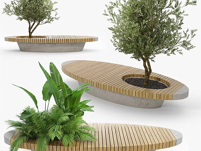 Modern Outdoor Chair with Wooden Slats and Concrete Base Surrounded by Green Plants 3d model