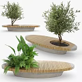 Modern Outdoor Chair with Wooden Slats and Concrete Base Surrounded by Green Plants
