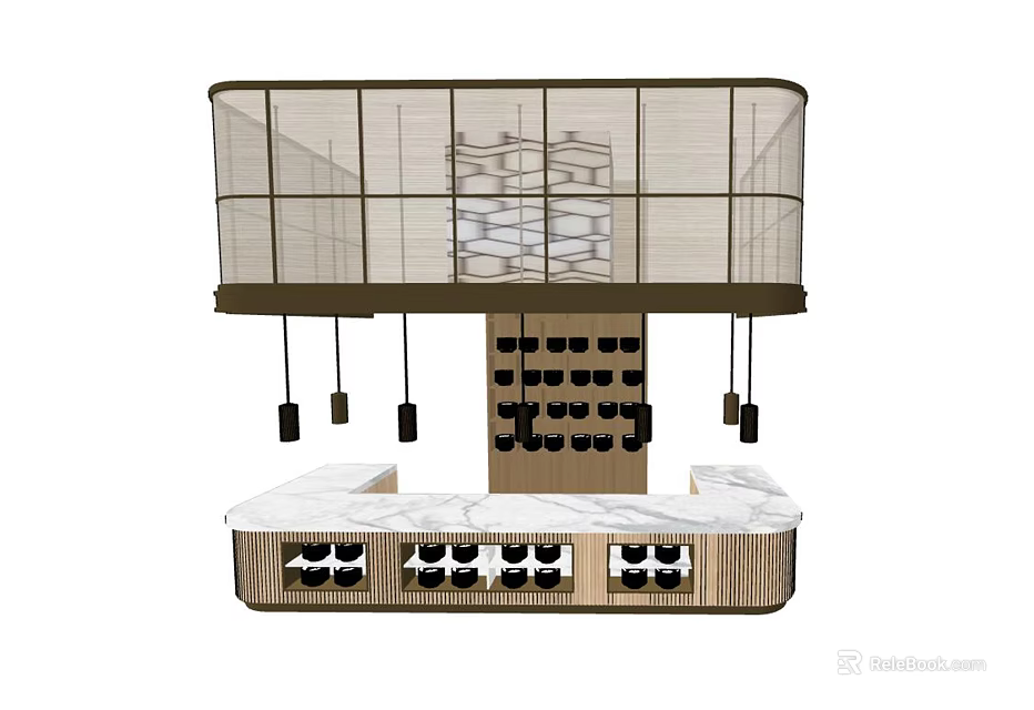 Modern Bar Counter Design With Marble Top Mesh Canopy And Wine Rack Storage 3d model 