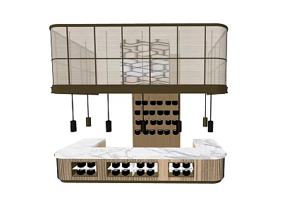 Modern Bar Counter Design With Marble Top Mesh Canopy And Wine Rack Storage 3d model