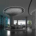 Futuristic Modern Office Reception Lobby With Unique Ceiling Lights And Comfortable Waiting Lounge Area